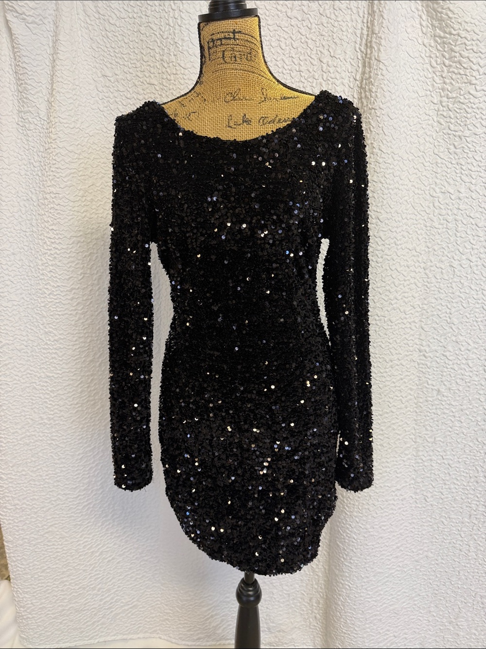 Black Sequin Long-Sleeve Party Dress Mini Size Medium EUC